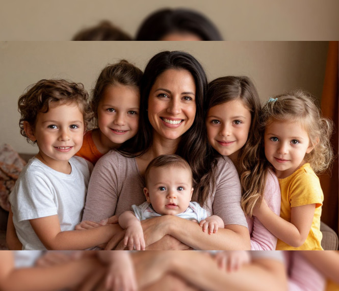 на фото женщина и 5 детей.